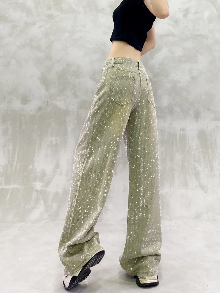 Blingbling الماس الكامل الساخن الحفر النساء سراويل جينز كل مباراة عالية الخصر واسعة الساق الجينز التطهير الطابق السراويل المستقيمة