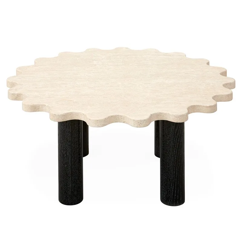 Modern design solid wood coffee tables wholesale customized special shape top natural marble stone travertine coffee table