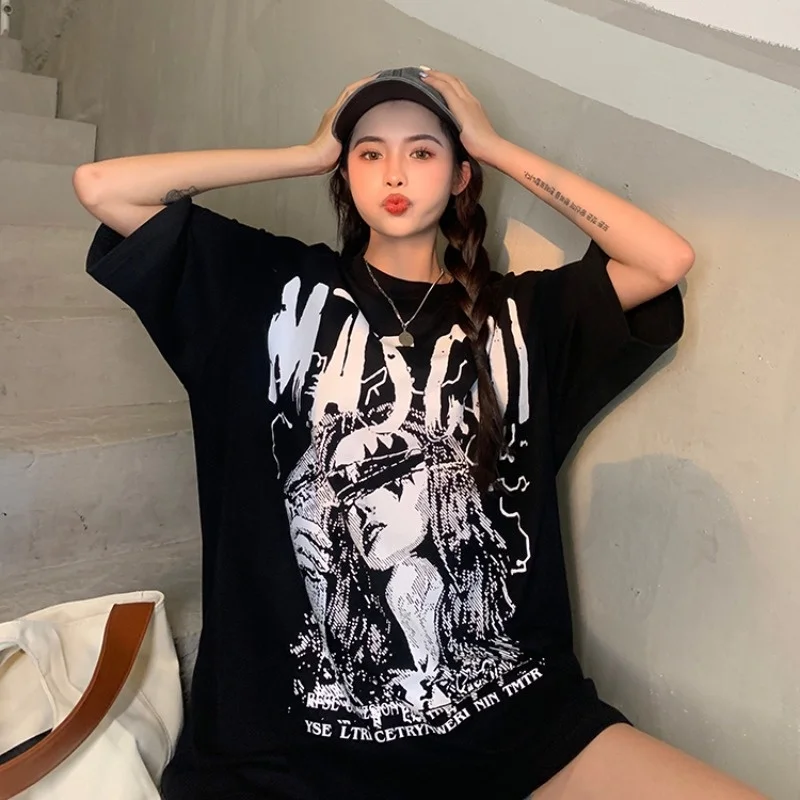 

American High Street Hip Hop Short Sleeve T-shirt Women's Summer New Chic Gothic Punk Cartoon Print Design Loose Top