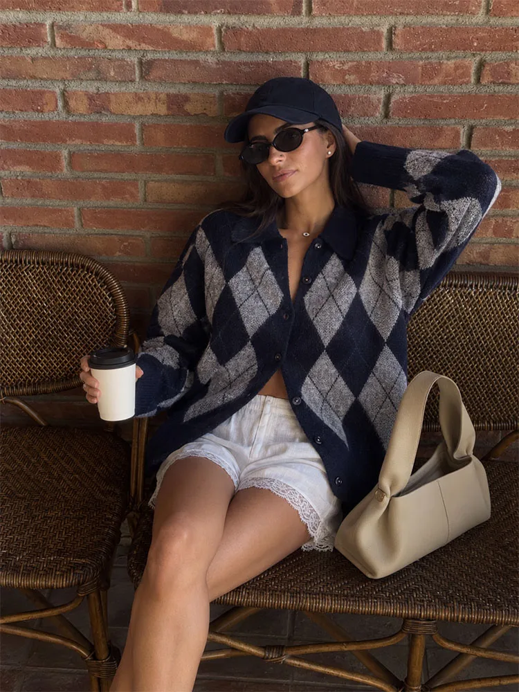HH Vacation Argyle Knit Cardigan Women Spring Autumn Polo Collar Button Down Travel Soft Cozy Chic Stylish Light Casual Wear view 2