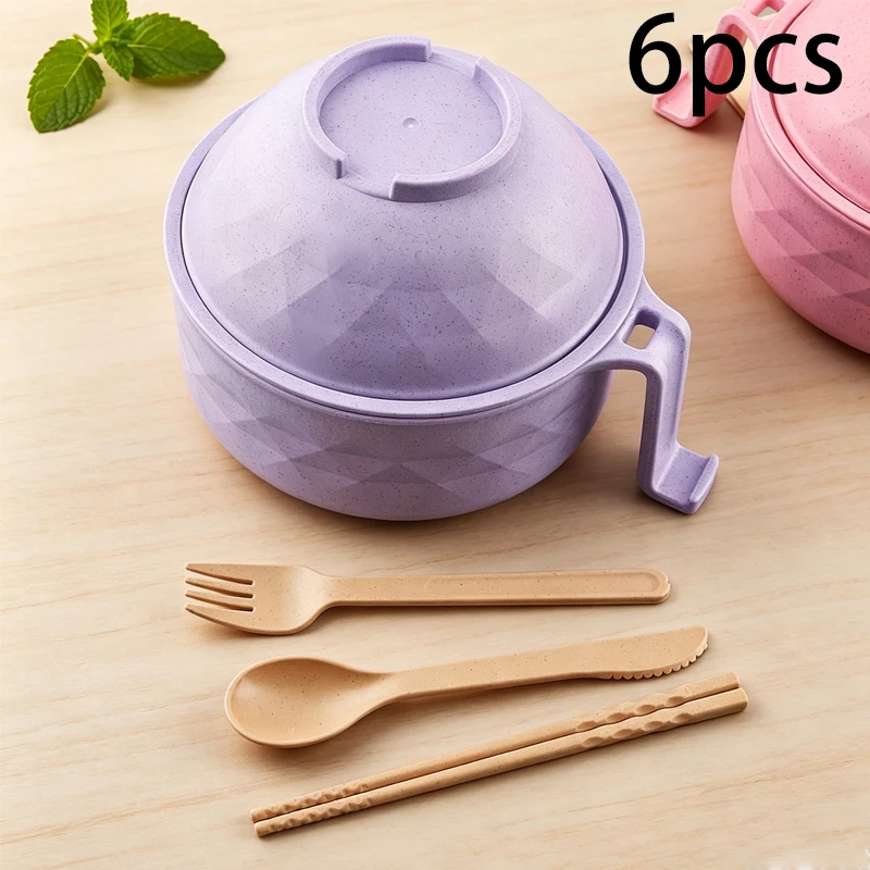 6pcs Noodle Soup Bowl with Lid Tableware Set Spoon Fork Chopsticks Suitable for College Students to Travel.