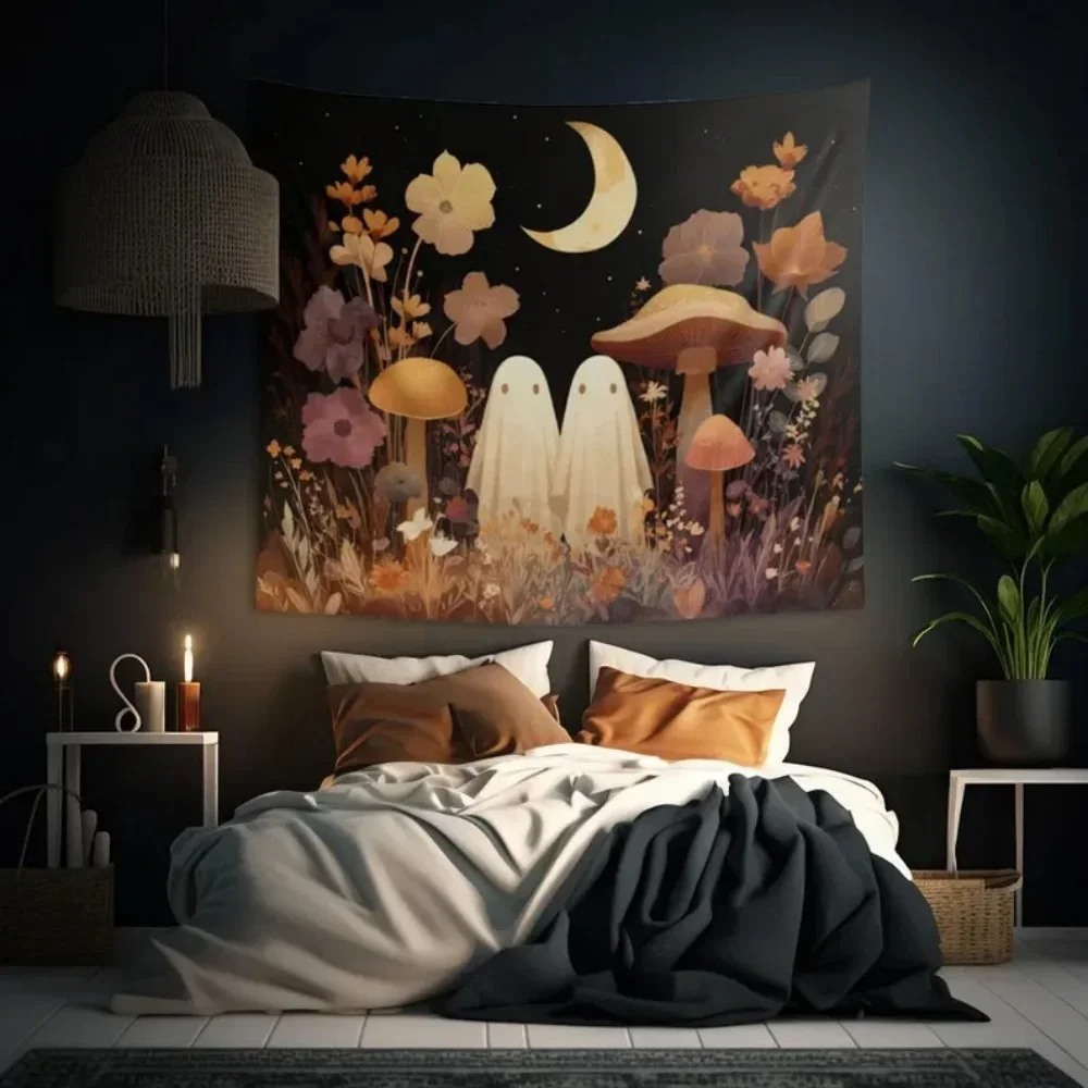 HD-Ghost Garden Whimsy Wall Hanging – Cute Ghosts, Mushrooms & Crescent Moon Tapestry for Halloween & Witchy Decor