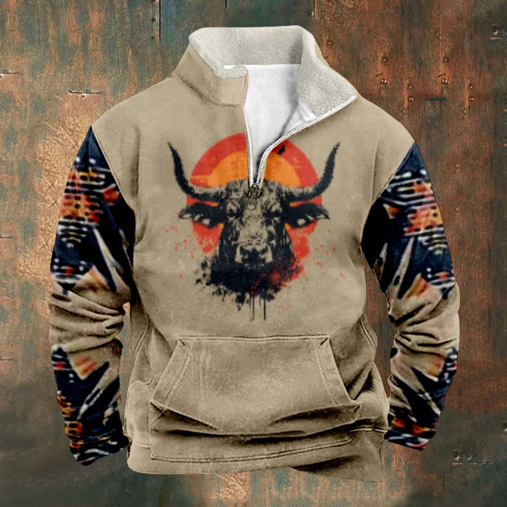 

Patchwork Men's Hoodie Vintage Graphic Bull Head Sweatshirts Long Sleeve Stand Collar Zipper Casual Pullovers For Men Sweatshirt