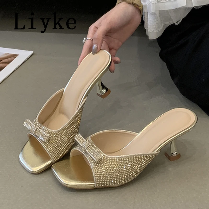 

Летние модные женские шлепанцы Liyke с бантом-бабочкой и стразами, на тонком низком каблуке, для улицы, повседневные, без застежек