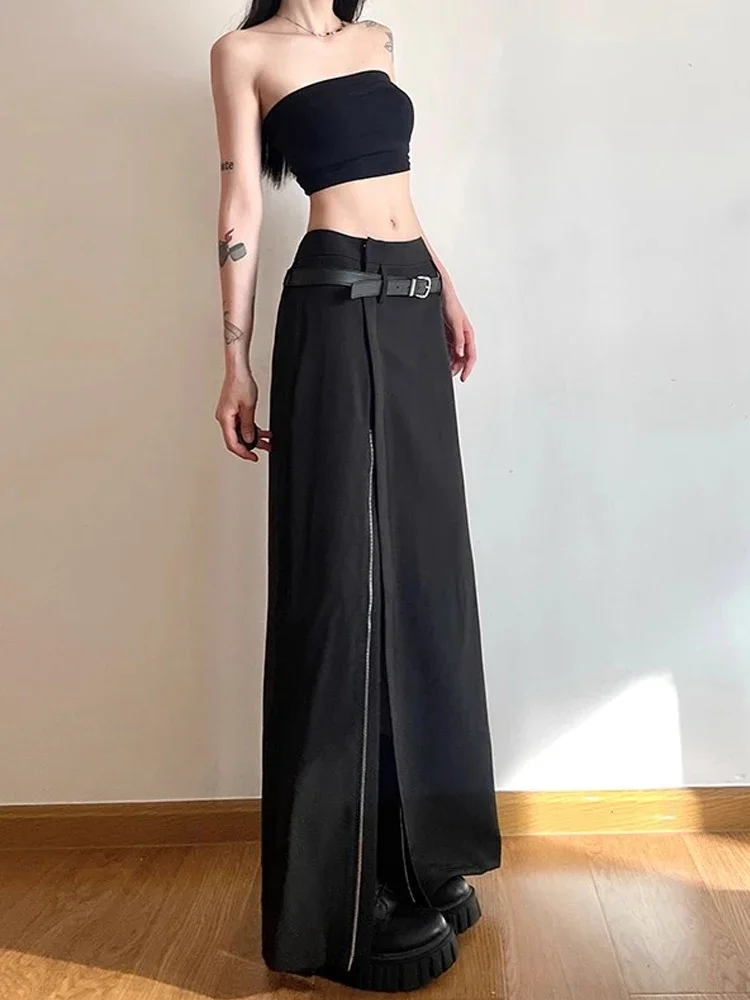 Y2k rok hitam untuk wanita, pakaian jalanan elegan model A-Line rok panjang Harajuku Korea Vintage pinggang tinggi 90s 2024