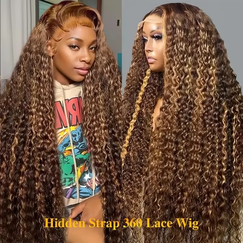 250Density Deep Wave Human Hair Wig 360 Full Lace Front with Hidden Strap 4/27 Blonde Highlights Pre Plucked Brazilian Curly Wig image 3