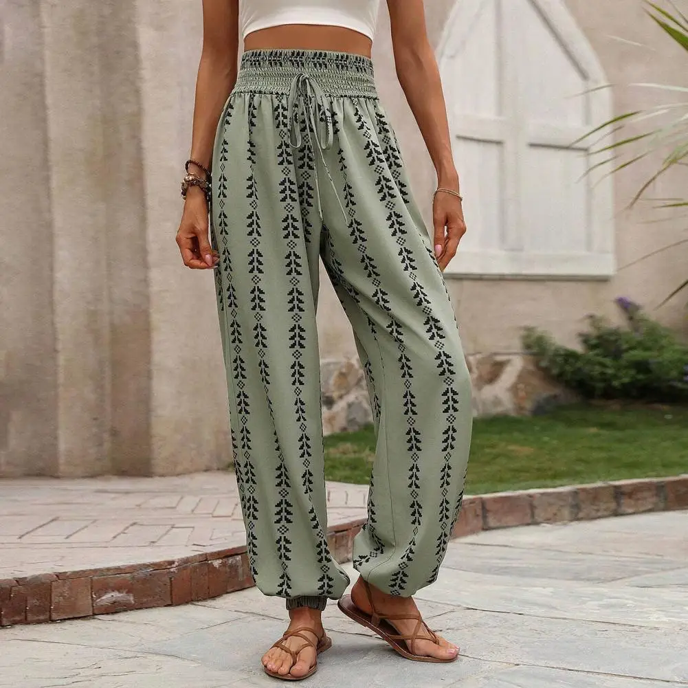 Casual Trousers Fashionable Women's Bloomers Elastic Waist Wide Leg Pants with Adjustable Drawstring Side Pockets Side Pocket