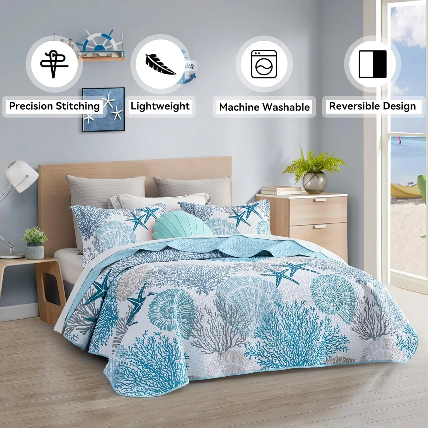 3 Piece Coastal Quilt Sets Full/Queen Size - Reversible Microfiber Quilts with 2 Shams Soft Lightweight Beach Bedding Nautical