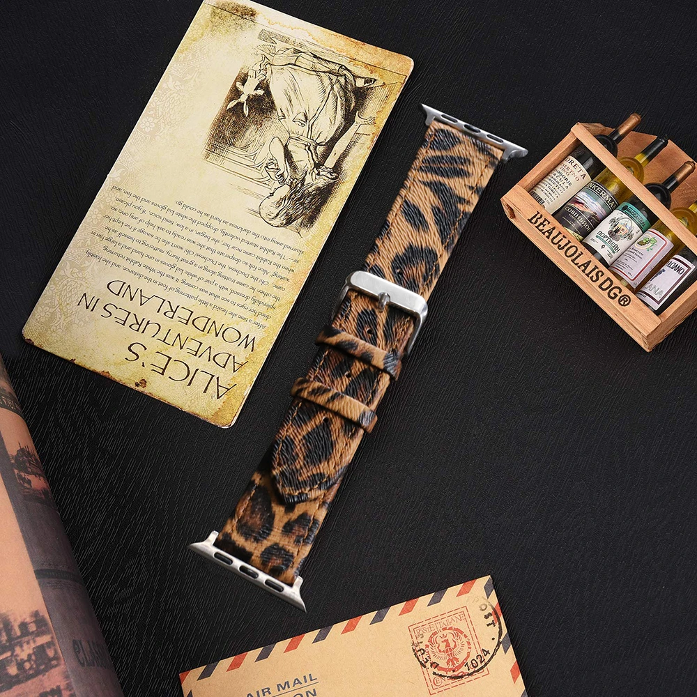 Leopard Strap For Apple Watch Band 45mm 38mm 40mm 41mm 42mm 44mm 49mm Luxury Leather Bracelet for iWatch 9 Ultra 2 8 SE 7 6 5 4