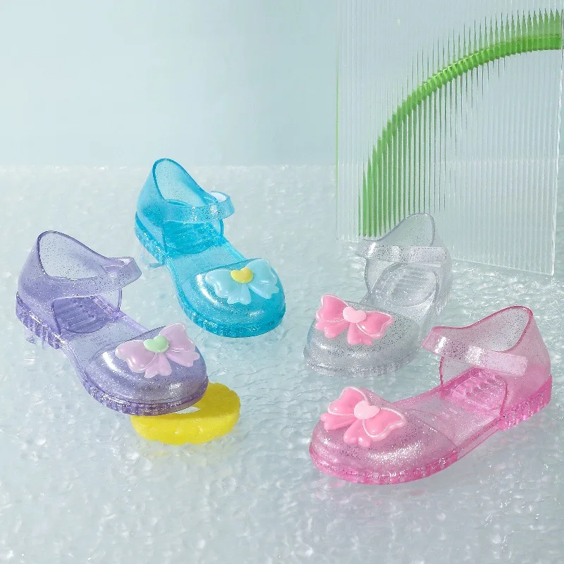 2026 Girls Glitter Jelly PVC Bow Sandals Toddler Little Kids Buckle Closure Retro Woven Cut-Out Summer Beach Shoes