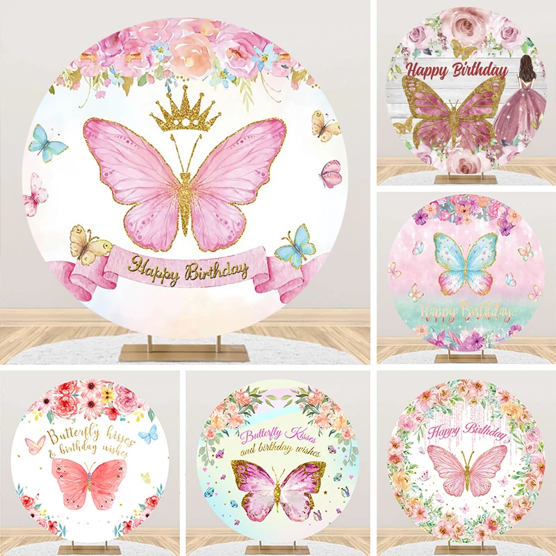 

Round Butterfly Backdrop For Girls Birthday Party Crown Floral Baby Shower Photo Background Cake Table Cover Decor Banner