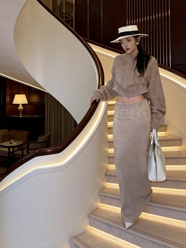 

Комплект из двух предметов: укороченный вязаный свитер и юбка миди с длинным рукавом в стиле «ленивый шик» для женщин, весенний, с узором «косы»