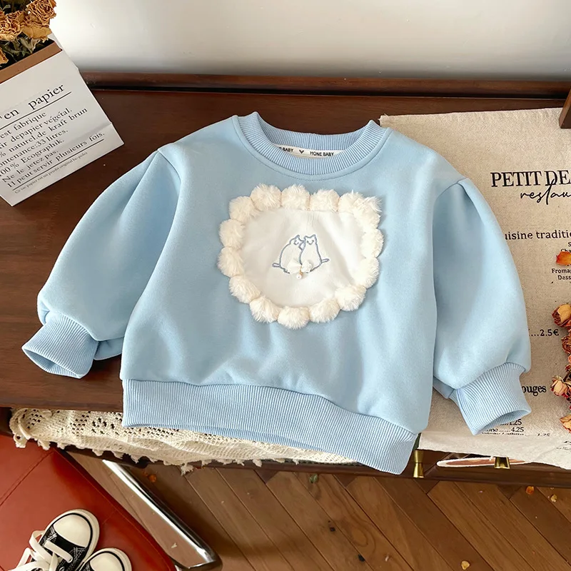 Baby Girls Blue Hoodies Soft Warm Fleece Long Sleeve Pullover Tops Shirt Versatile Children Autumn Winter Commute Sweatershirt