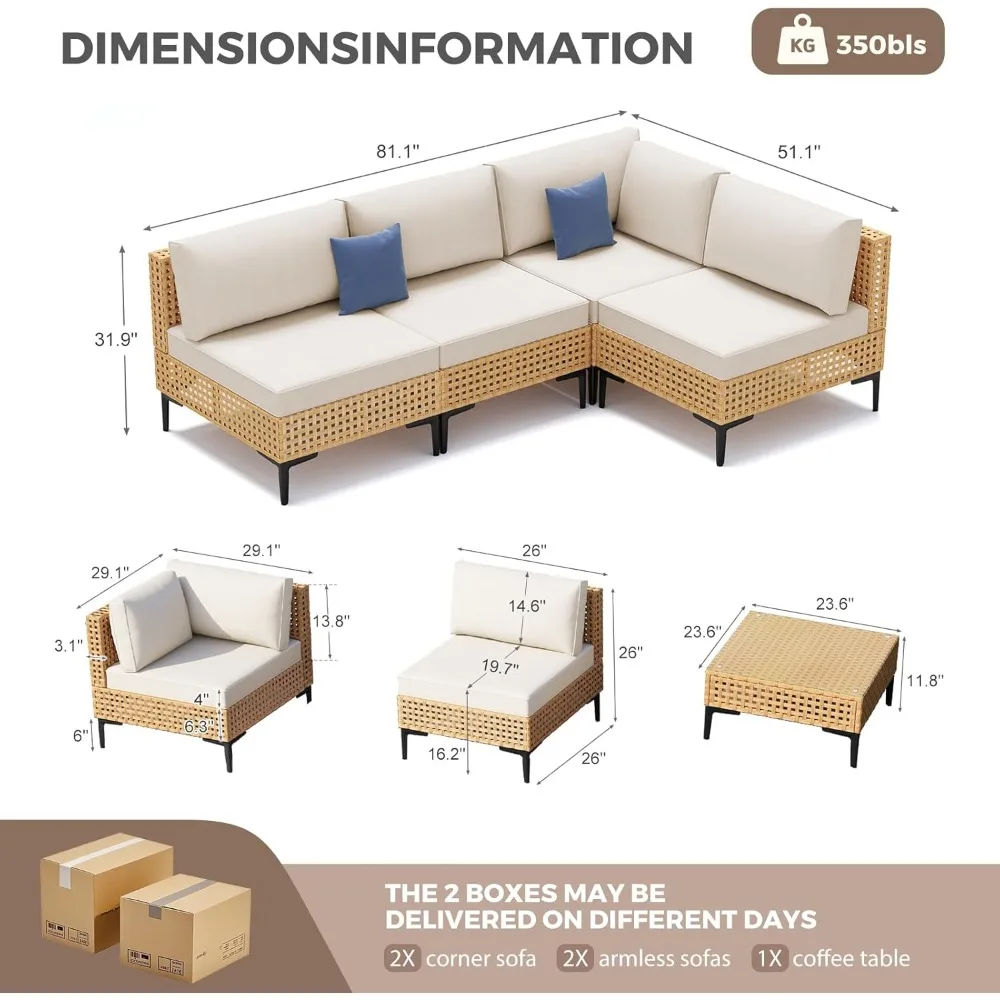 5-teiliges Terrassenmöbel-Set für den Außenbereich, freie Kombination, Outdoor-Couch mit dickem Kissen, wetterfestes Terrassenmöbel aus Korbgeflecht