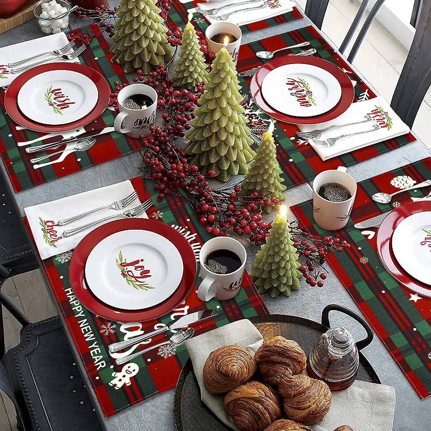 2023 Christmas Placemats Red Green Plaid Decoration Linen Xmas Dining Coaster Pad Bowl Coffee Cup Mat Napkin Tablecloth 45x32CM