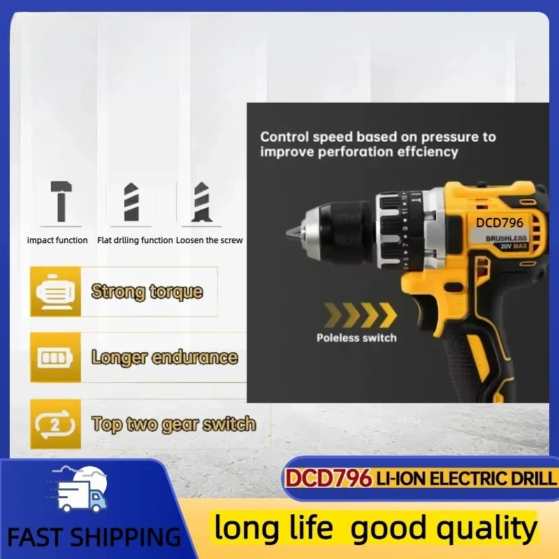 DCD796 2000RPM Cordless electric drill Brushless Adjustable Speed Impact Hand Drill Rechargeable Power Tools Fit Dewalt battery