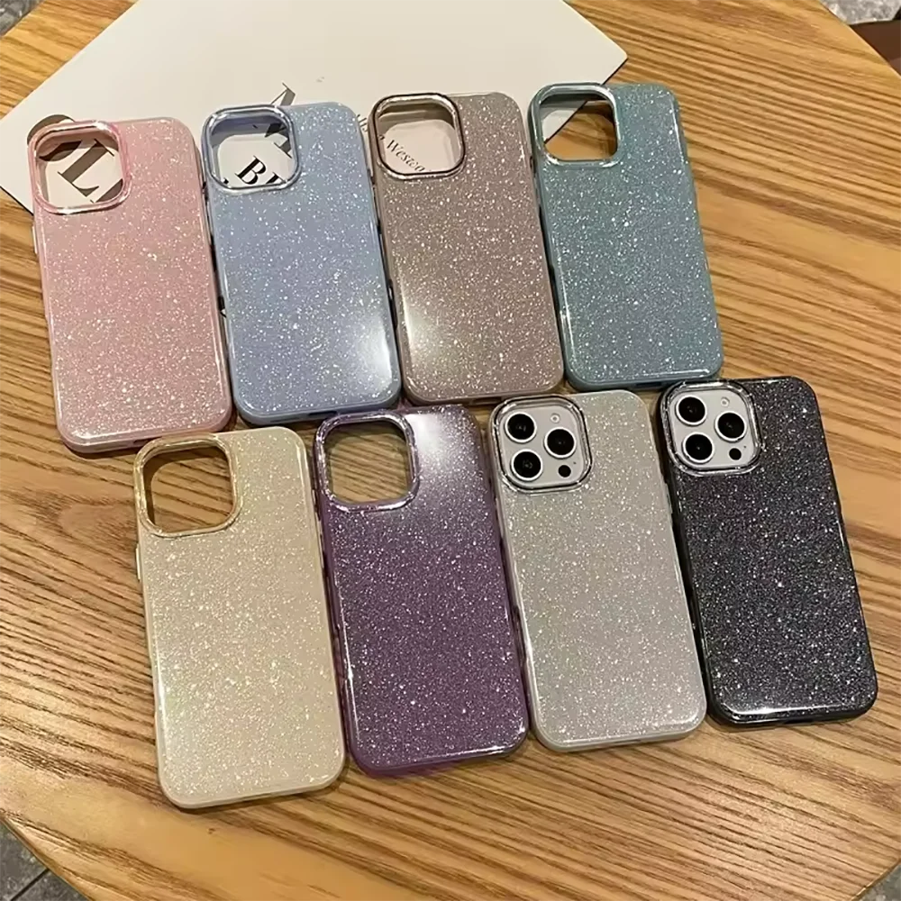 Funda híbrida dura de lujo IMD Glitter Color caramelo para iPhone 16E 16 15 14 13 12 11 XS Max X XR SE 7 8 Plus funda de silicona suave para PC