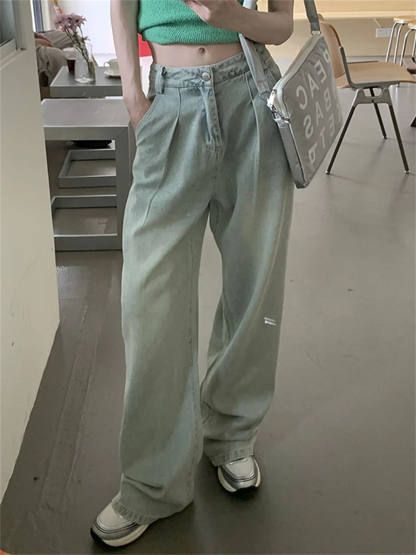 

Alien Kitty Light Washed Blue Jeans Women Streetwear New Loose Chic Wide Leg Autumn 2023 Straight Denim Office Lady Pants