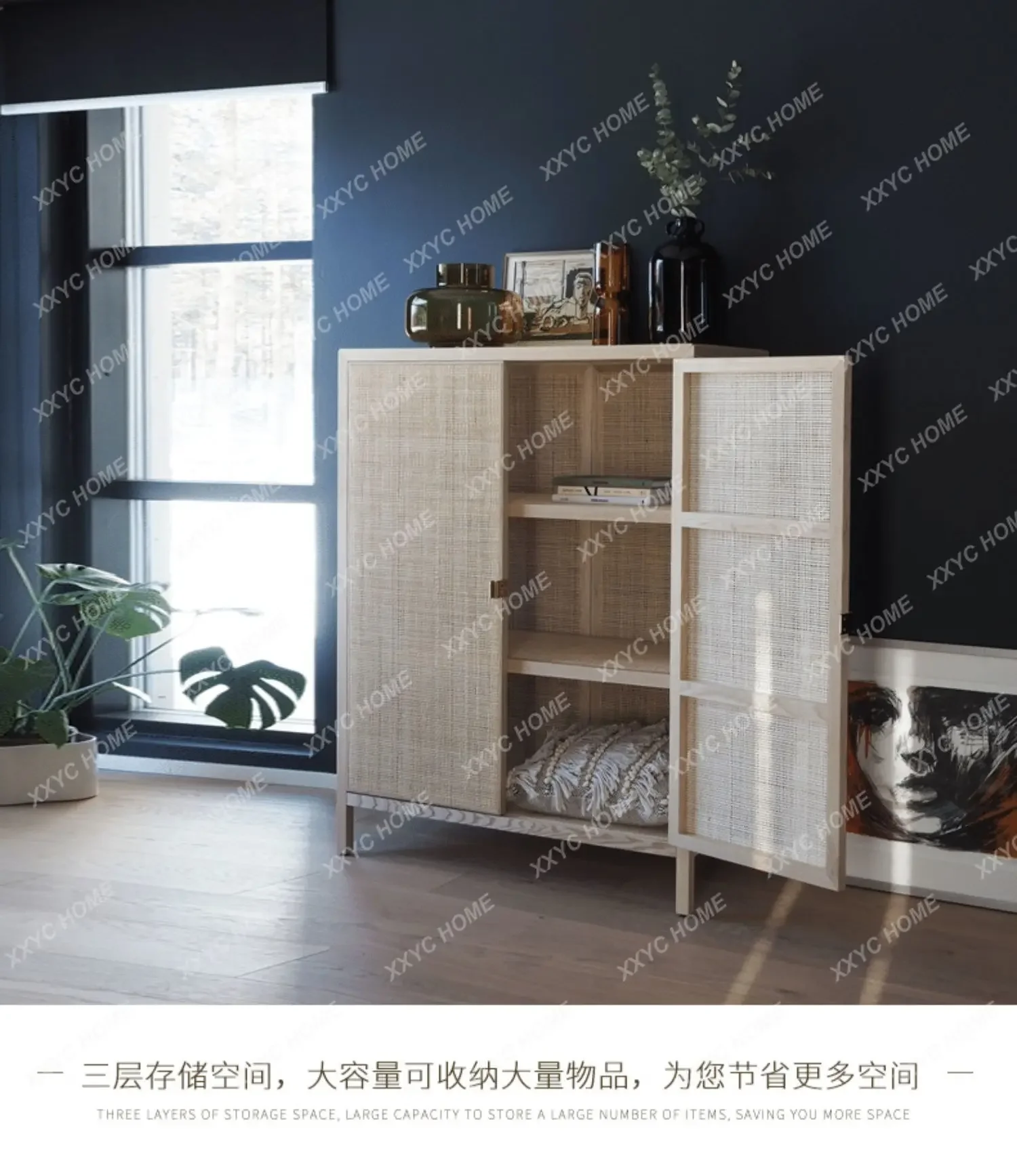 

HSideboard Cabinet Solid Wood Simplicity Household Rattan Storage Household Storage Cabinet Side