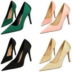 New Women Fetish 10cm High Heels Office Career Satin Pumps Lady Holiday Party Scarpins Stiletto Green Pink Shoes Plus Size 34-43