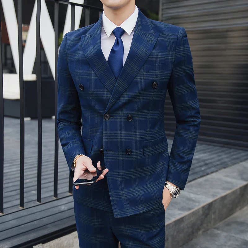 

Men's Double-Breasted Plaid Suit Set 2025 Spring Thin Wedding Attire with Vest And Trousers Handsome Three-Piece Ensemble