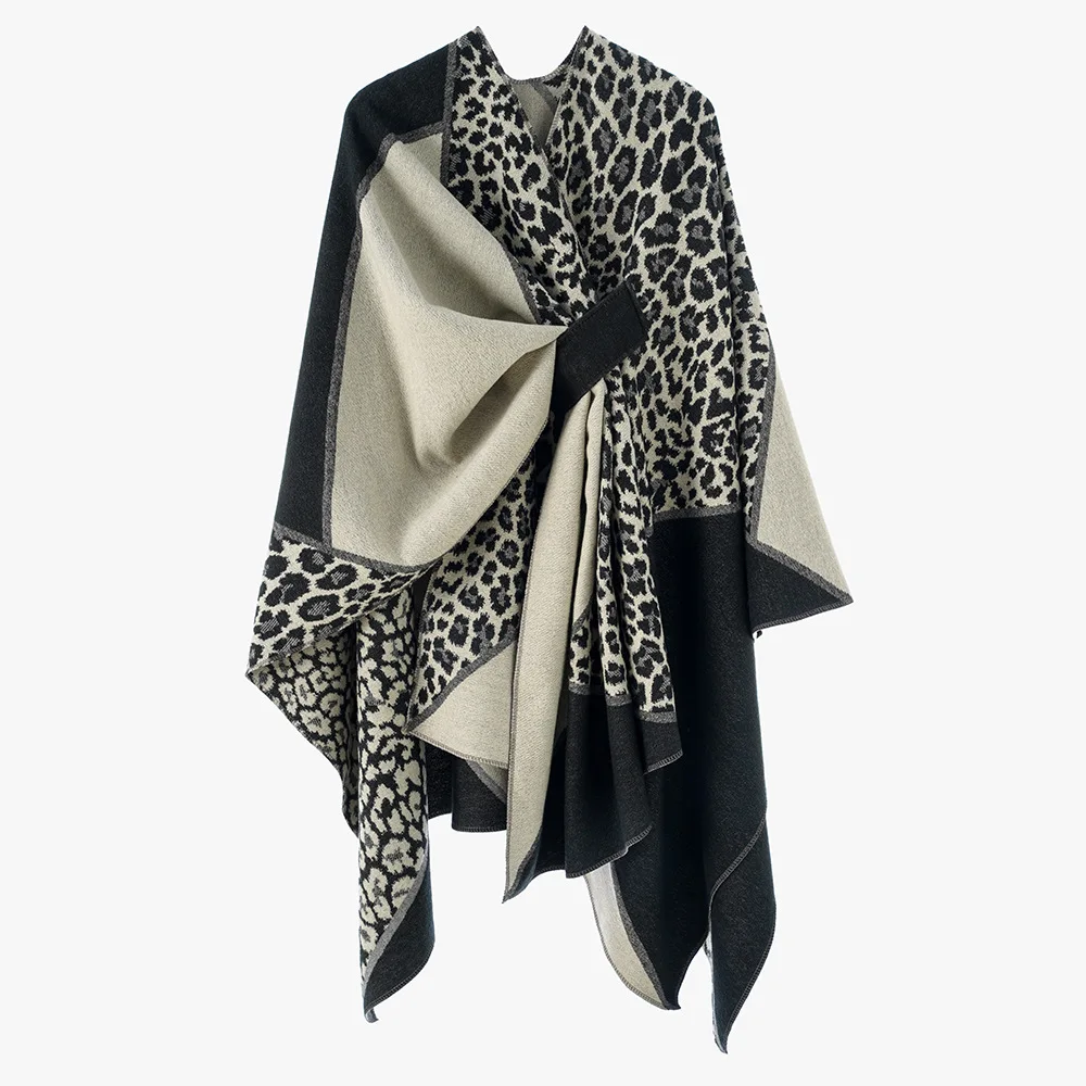 New Thick Luxury Leopard Print Patchwork Poncho Shawl Spring Fall Winter Warm Cape Outerwear Women Fashion Accessory Long Wraps