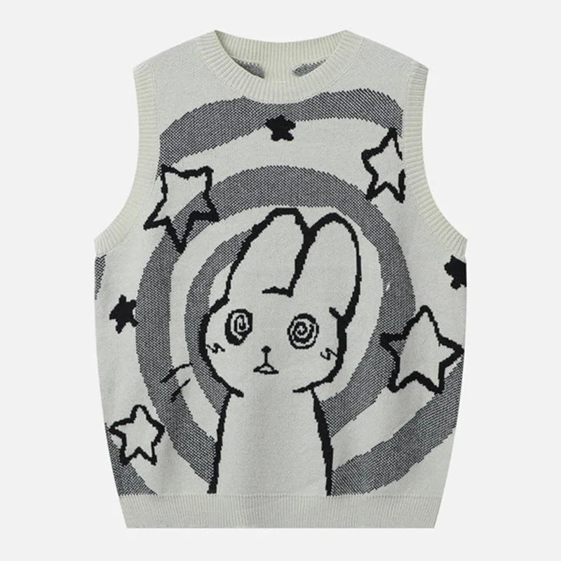 

Y2k Fashion Cartoon Rabbit Knitted Tank Top for Women's Autumn and Winter New Harajuku Loose Leisure Sports Sweater Tank Top