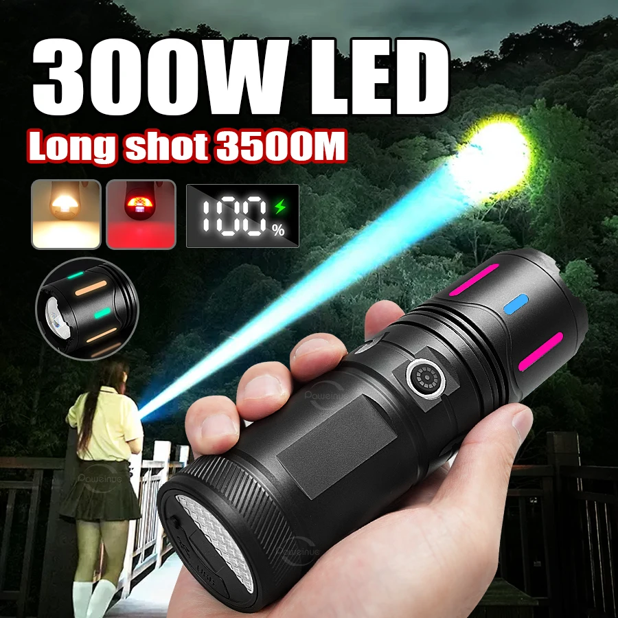 

Мощный LED фонарь 300Вт, 6 режимов, супер яркий, с регулируемым лучом, COB-подсветкой сзади, встроенный аккумулятор 3*18650, уличный фонарь