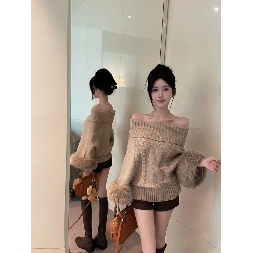 Automne hiver nouveau pull tricoté pour femmes Faion Twist oulder fourrure épissage Long Sve coupe ample doux moyen Kni...