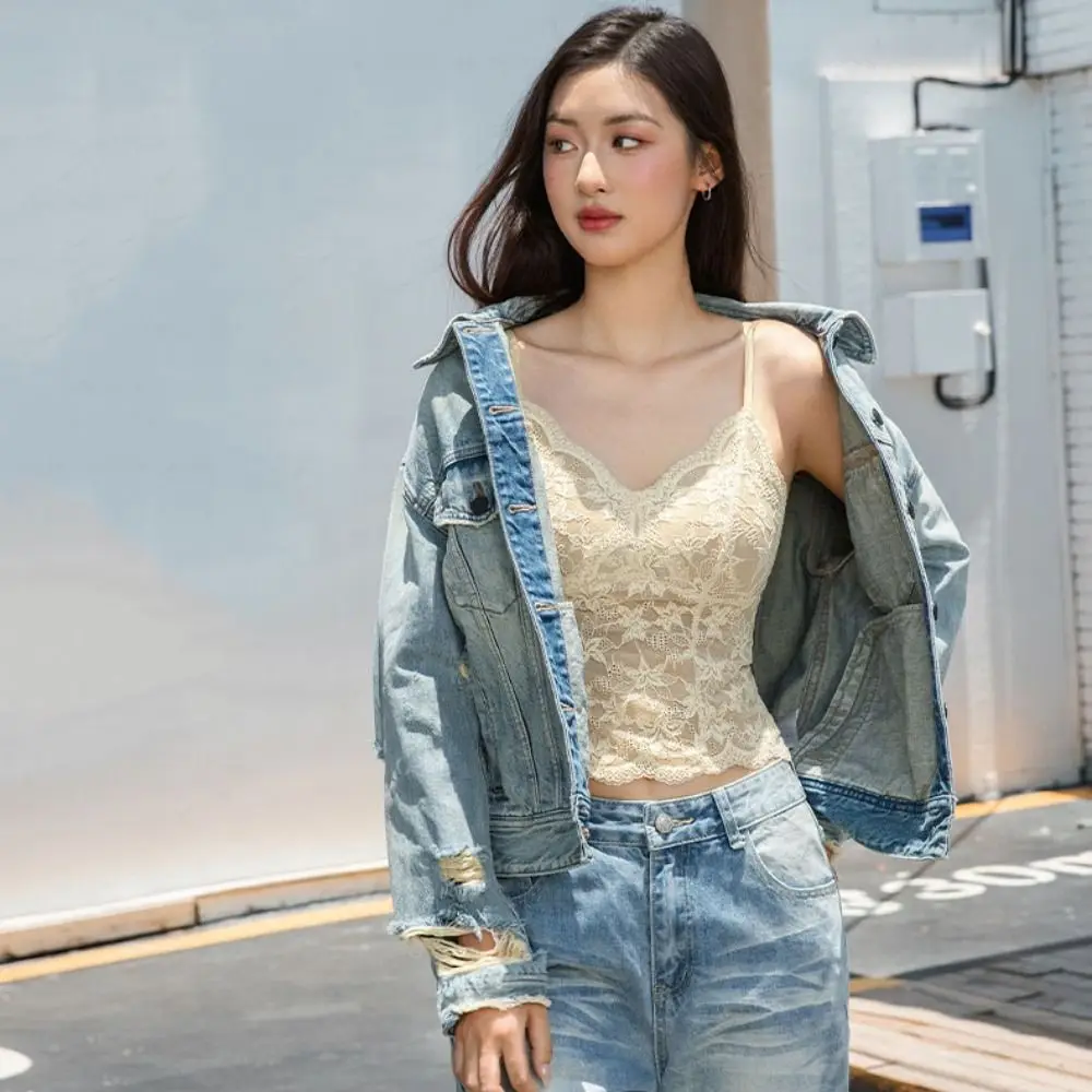 Chic Mesh Flower Slim Lace Crop Top Bottoming Shirt Summer Girl's Vest Top Sweet Spicy Girls Style Camisole with Pads Lady