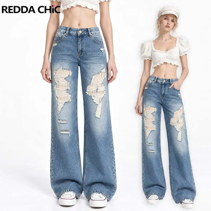REDDACHiC Destroyed Straight Jeans for Women Vintage Relaxed Fit Low Waist Distressed Wide Leg Denim Pants Korean Streetwear