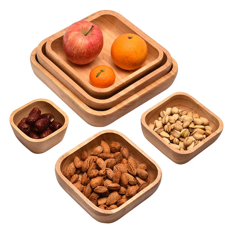 HeMu Natural Solid Wood Square Bowl, Multi-Size Multi-Purpose for Snacks, Dried Fruits, Salads, Home & Restaurant Kitchen Bowls