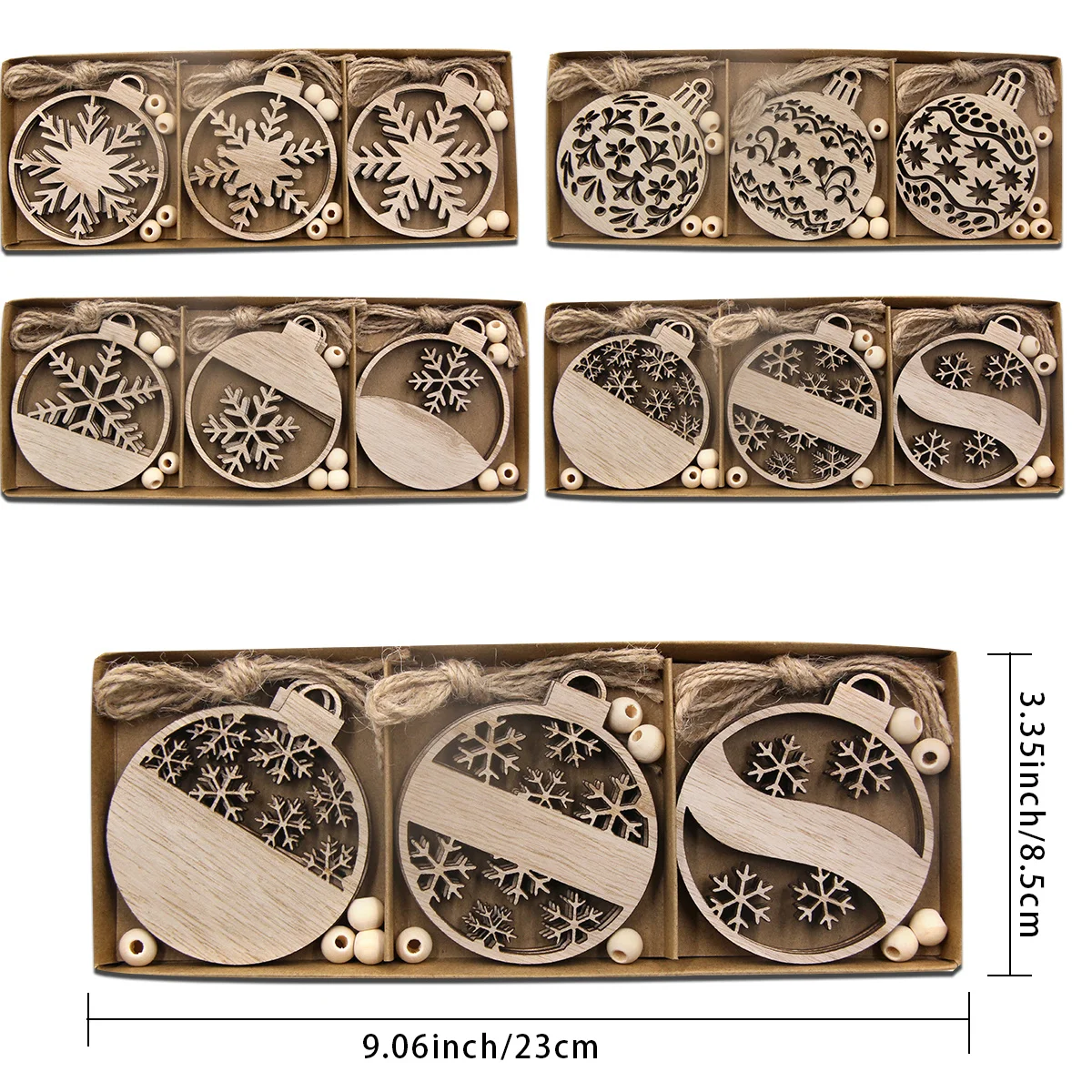 12PCS/Box Wooden Snowflake Pendant Vintage Xmas Ball Hanging Ornaments for Noel Tree Decorations DIY Gifts Wrapping Supply