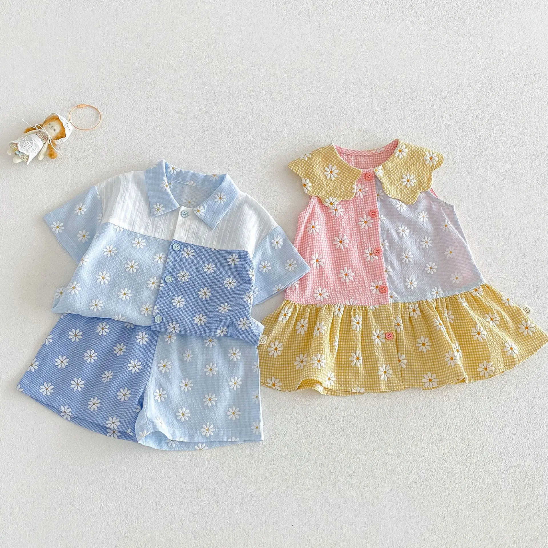 Boys' Fashion Color Blocked Set 2026 New Summer Baby Style Full Print Flower Shirt Shorts Two Piece Set