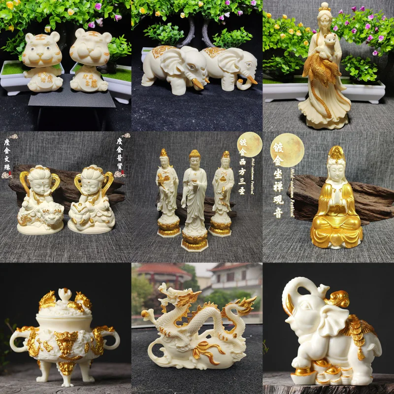 Ivory Nut Drawing Gold-Plated Lucky Elephant Shaking Head Tiger Nine Tail Fox Western Trinity Manshu Puxian Meditation Guanyin O