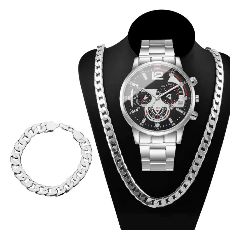 3PCS Fashion Decorative Three-eyes Men Quartz Watch Bracelet Necklace Set Luxury Men Business Watches Reloj Hombre（Without Box）