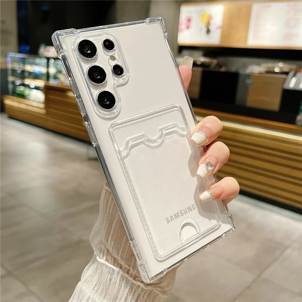 Thick Shockproof Card Bag Wallet Clear Phone Case For Samsung S24 Ultra S21 S22 S23 Fe S 24 Plus 5G Soft Corners Cover Cases image 3