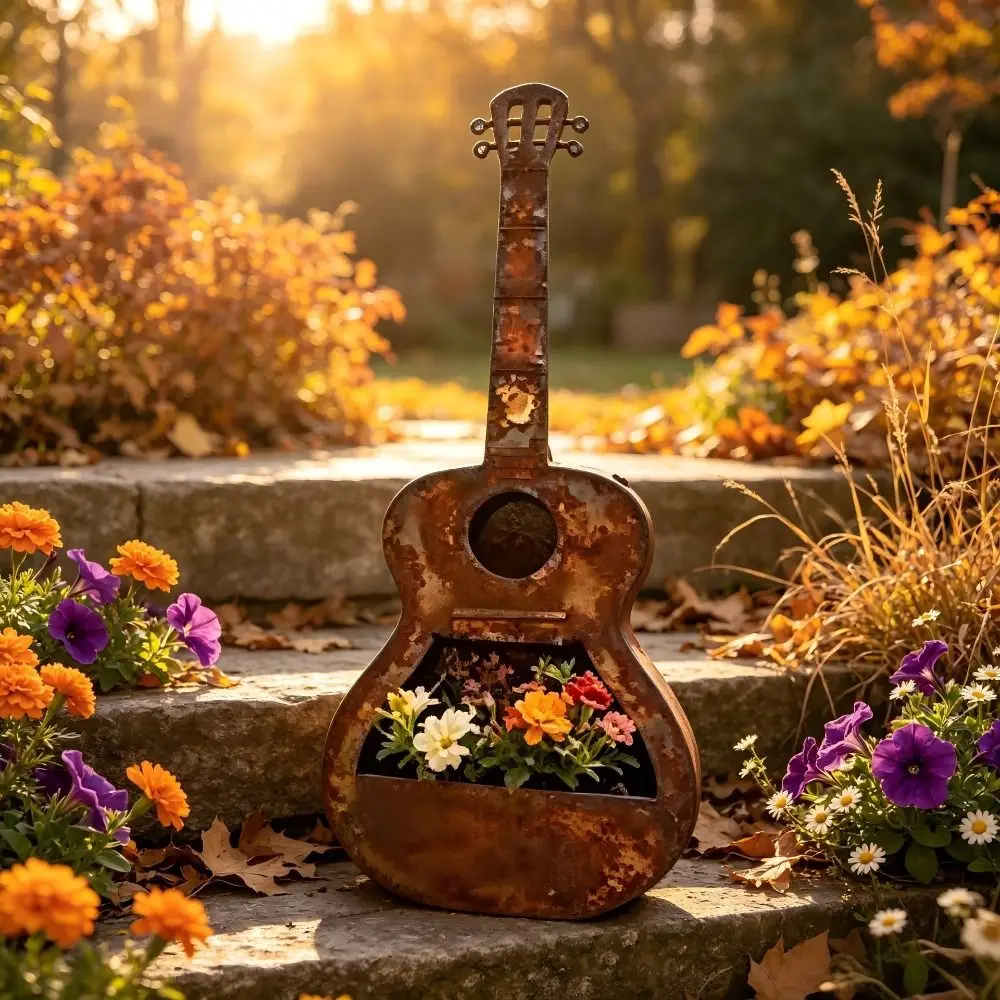 Guitar Wall-mounted Flowerpot Rusty Red Dual-use Ironart Bird's Nest Decorative Ornament Distressed Finish Wall Flower Pot