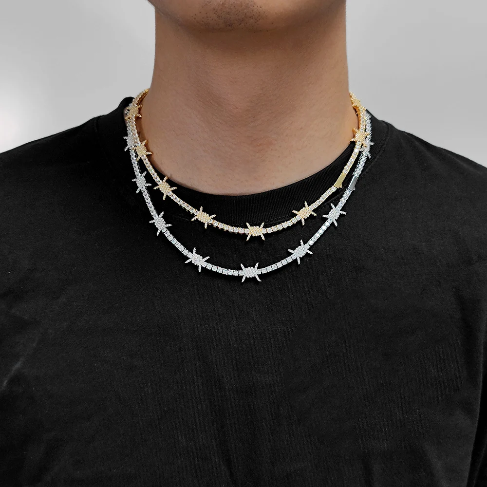 Wysokiej jakości hip-hopowa klamra sprężynowa Diamentowy łańcuszek tenisowy Biżuteria Iced Out Cyrkon Biały złoty łańcuszek tenisowy Naszyjnik dla dziewczynki