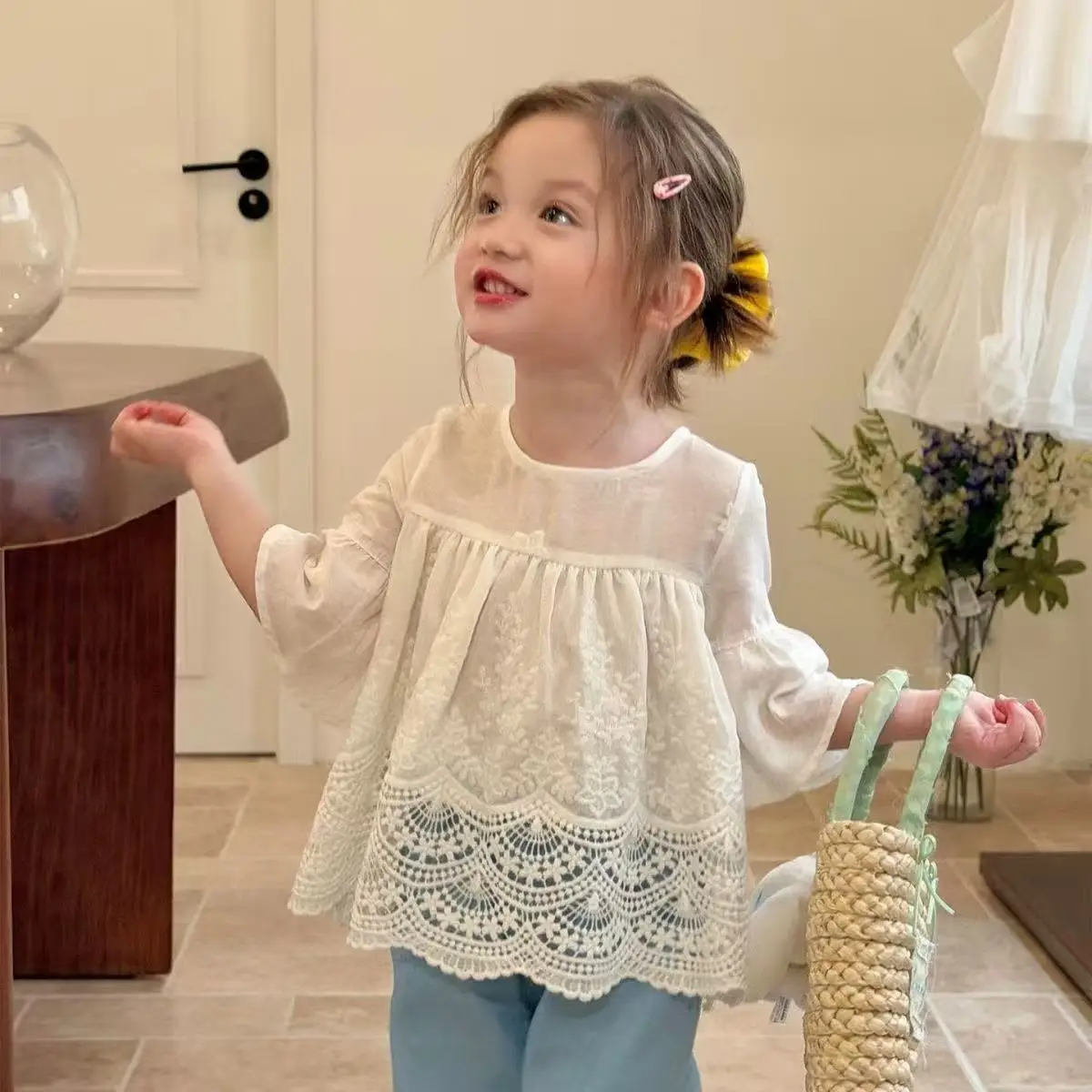 

Baby Girls Summer Set 2026 New Kids Pure Cotton Jacquard Lace Top Jeans 2-Piece Children's Outfit 2-7Years