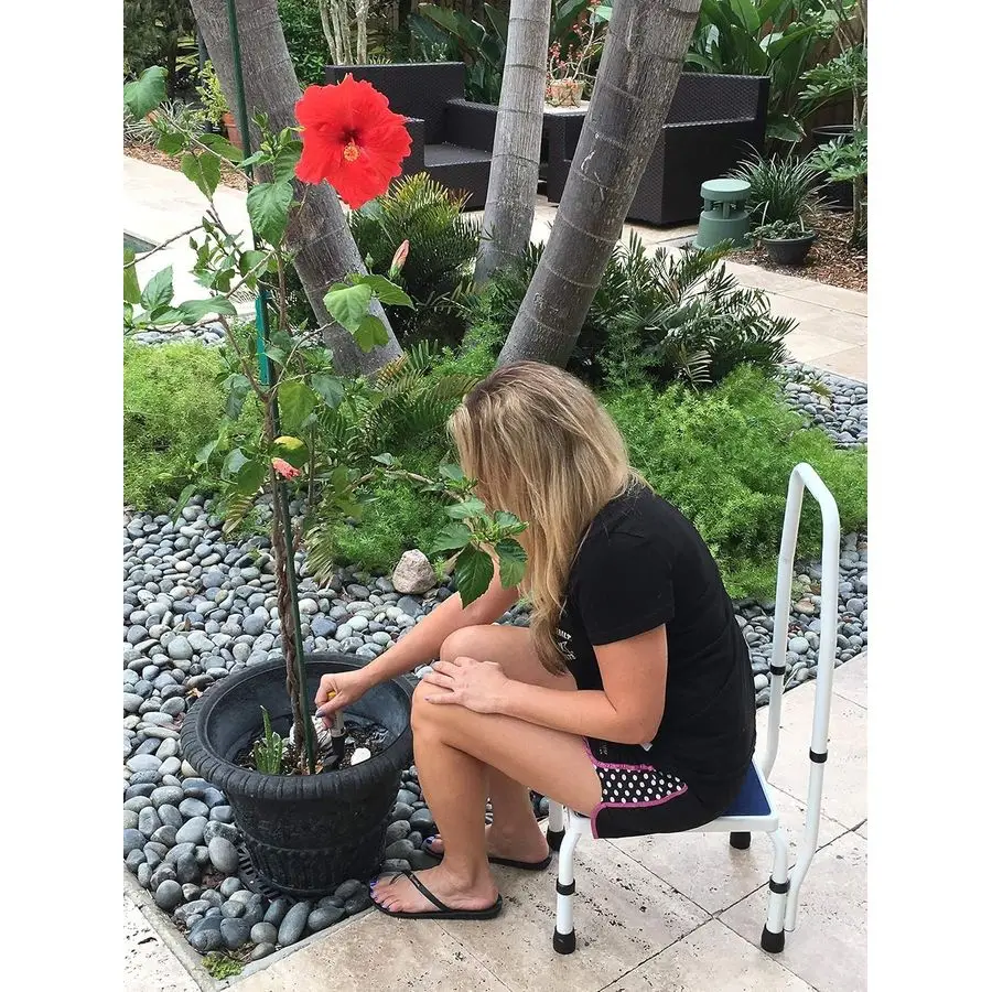 AdjustaSteptm Deluxe Step Stool Footstool with Handle Handrail, Height Adjustable. Modern White Blue Design. Padded NonSlip Hand