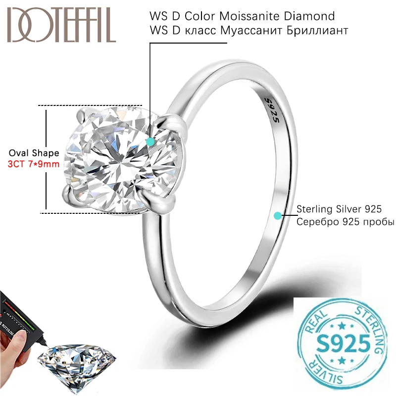 DOTEFFIL 3CT D VVS1 Oval Moissanite Ring With GRA Diamond 925 Sterling Silver/Gold/Rose Gold for Women Wedding Jewelry