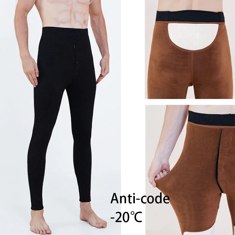 1pcs -20℃ Men Plush Thick Camel Hair Trouser Thickening Thermal Waist Protection Pant High Waisted Warm Knee Pads Leggings