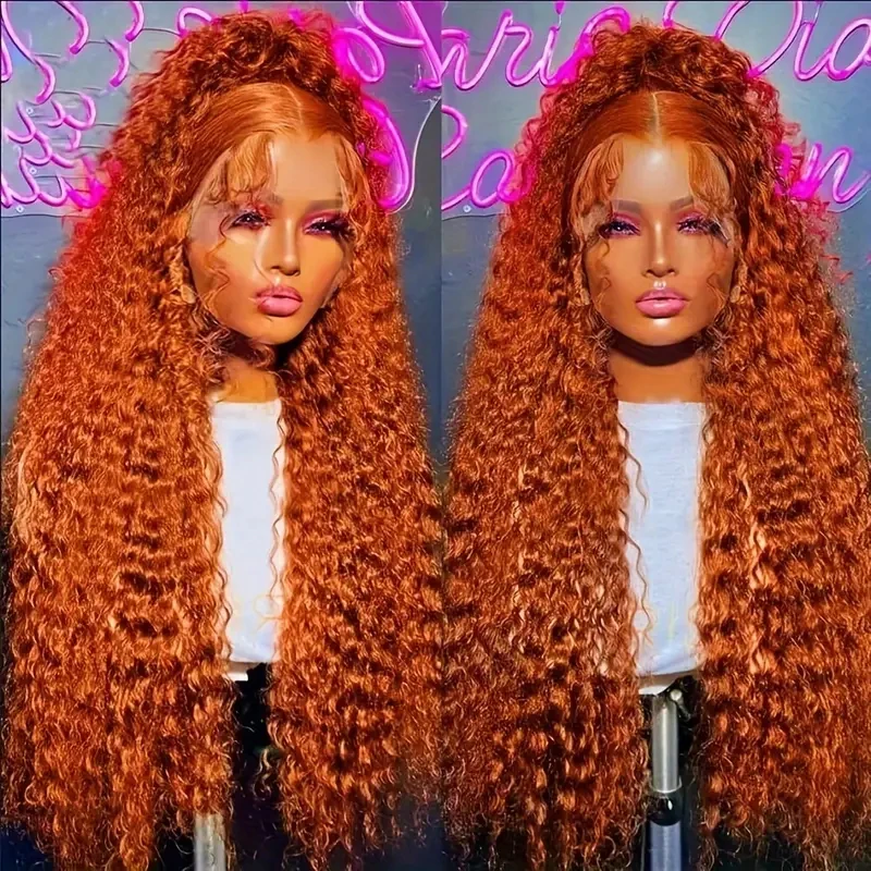 Hd gengibre laranja onda profunda 13x6 perucas frontais do laço para as mulheres cabelo humano encaracolado 350 laranja colorido 13x4 perucas dianteiras do laço pré arrancadas