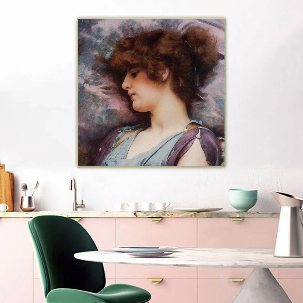Citon John William Godward《Far Away Thoughts》Canvas Oil Painting Artwork Poster Picture Wall Decor Home Living room Decoration