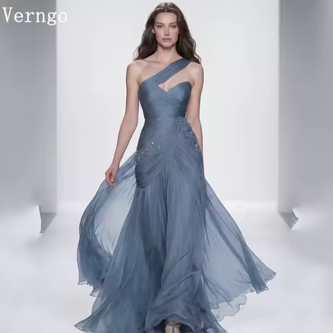 Verngo Dusty Blue Chiffon Evening Dress One Shoulder A Line Maxi Graceful Sequined Formal Dresses Customized