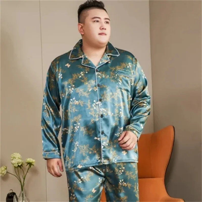 

65kg Extra Large Men's Pajamas Spring Satin Silky Sleepwear Long-sleeved Trousers Loungewear Loose Homesuit Can Be Worn Outside