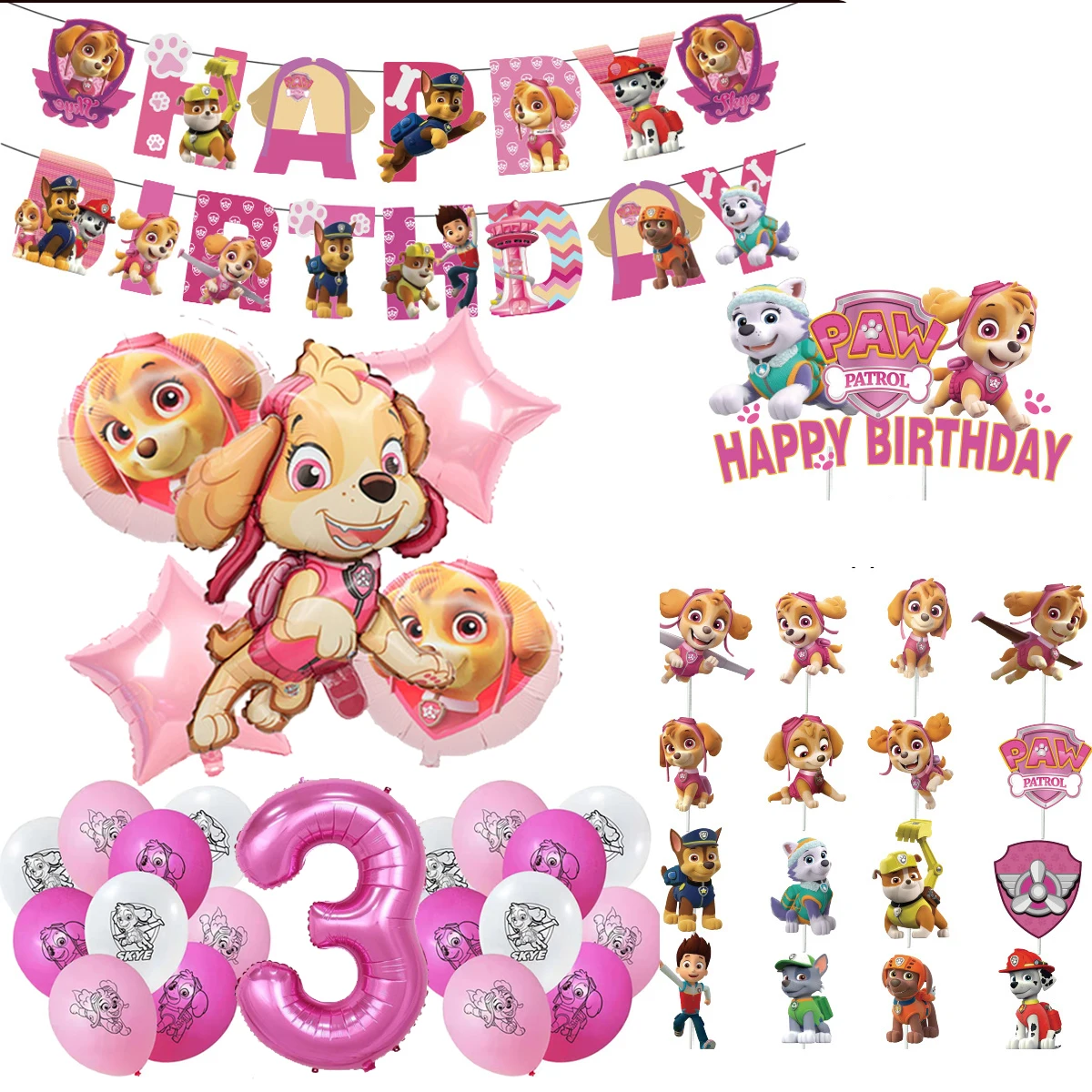 Paw Patrol-Décorations d\'Anniversaire pour Fille, Ensembles de ix, Skye Rose, Serviettes en Papier Britannique, Assiettes, Bâtons de Bannière