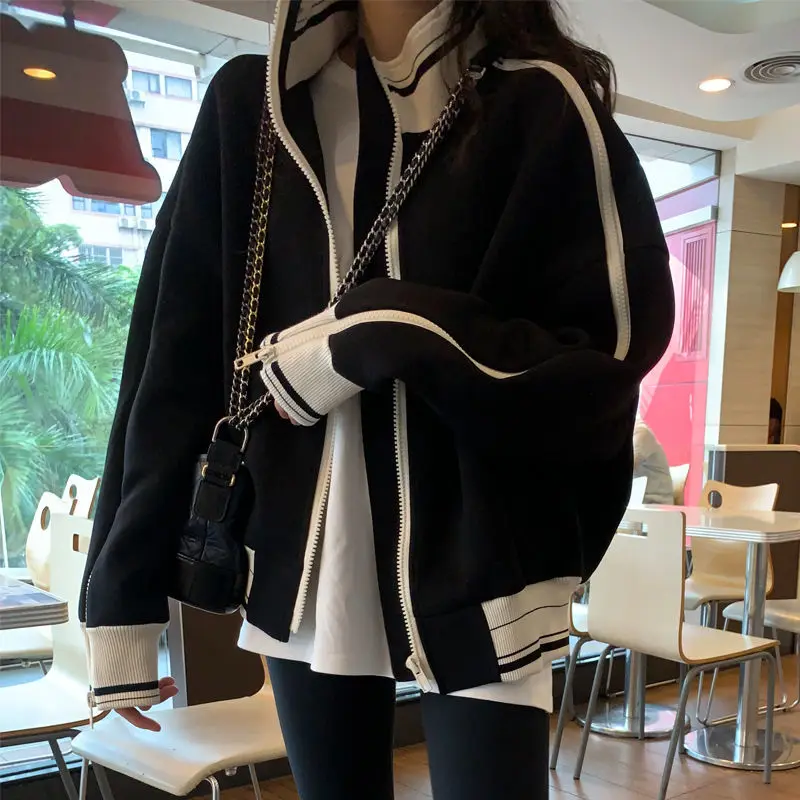 

Warm Black Women Jackets Korean Fashion Oversized Casual Harajuku Zipper Thin Crop Street Style Fleece Coat Female Outerwear