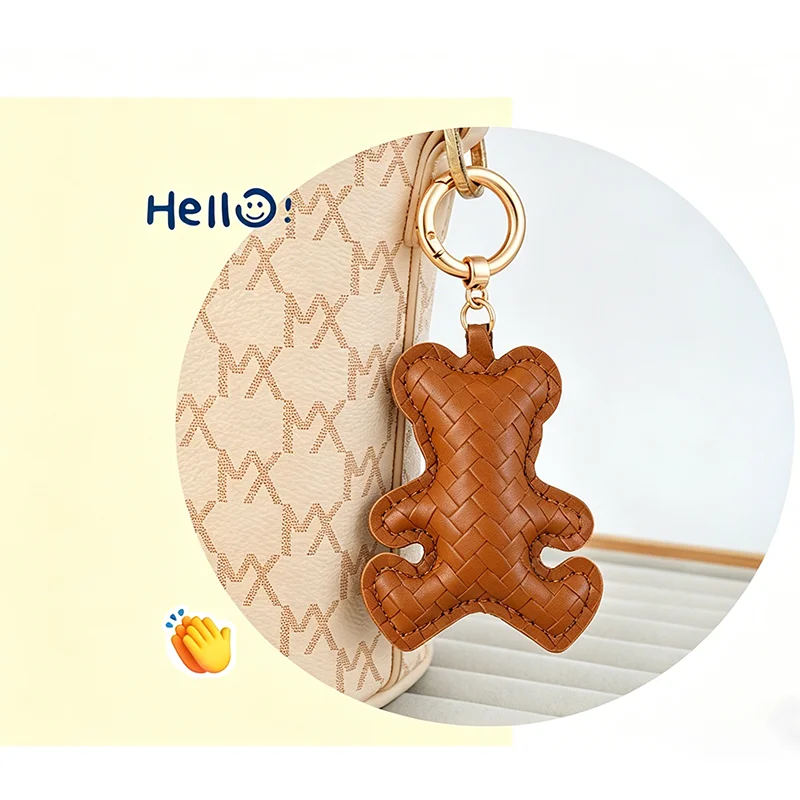 Creative Leather Cartoon Bear Keychain Unisex Car Key Ring Woven Pattern Retro Bag Charm